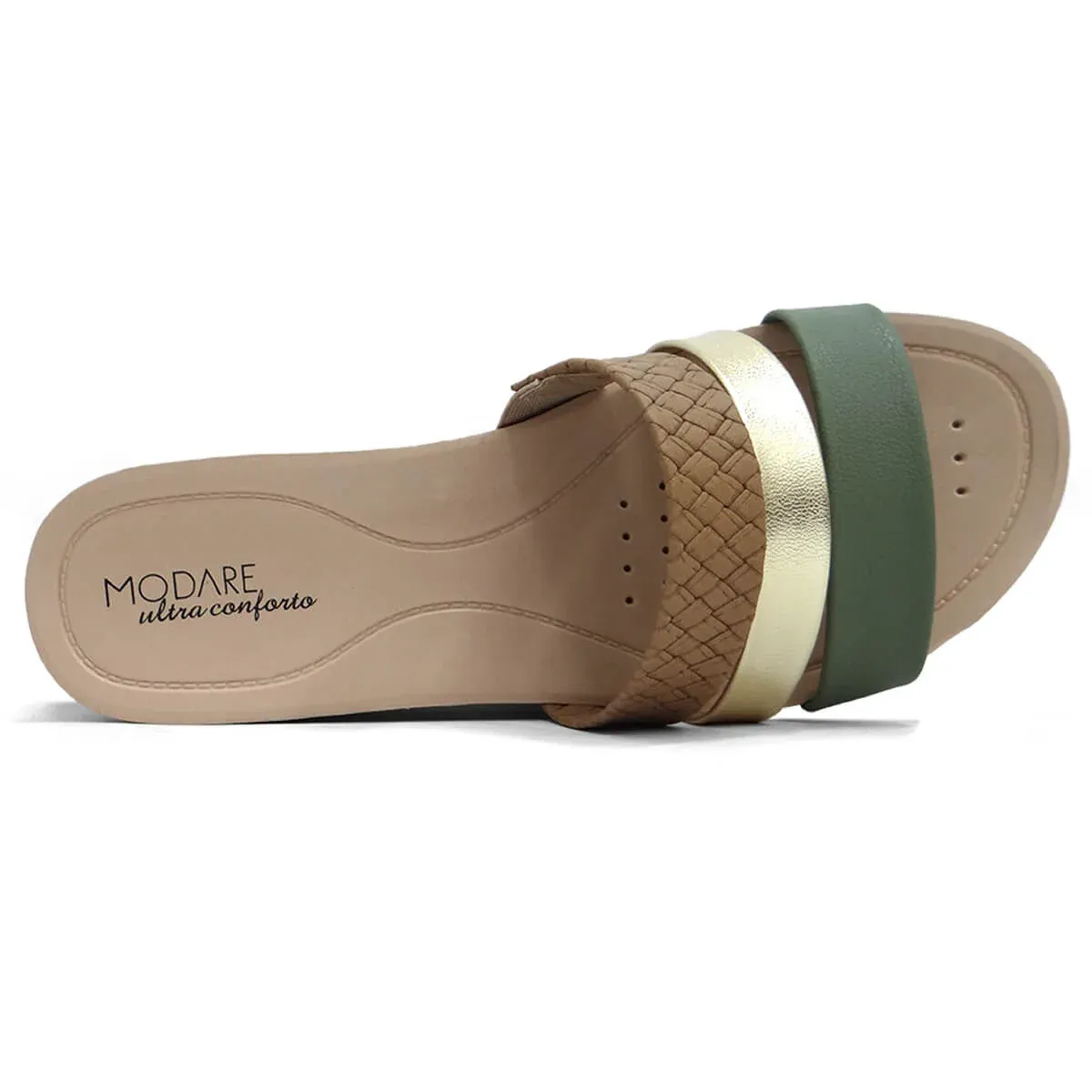 Vista superior do tamanco feminino Modare com tiras verde sálvia, dourado e marrom trançado